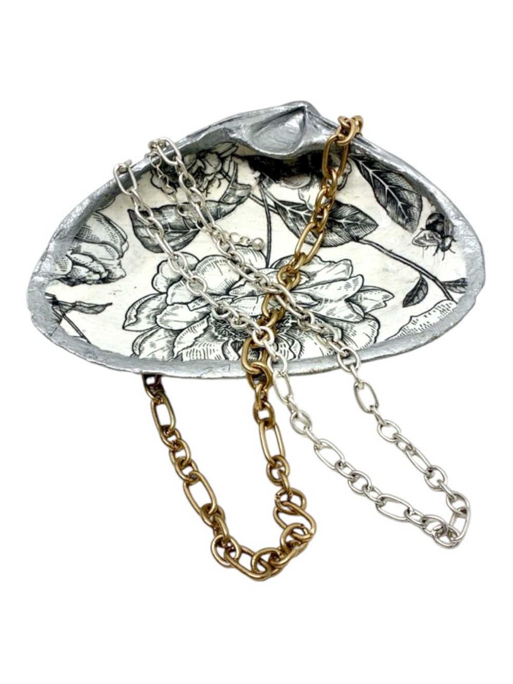 Mixed Metal Link Chain Necklace Bundle Gold Silver Layered Set Handcrafted Shell